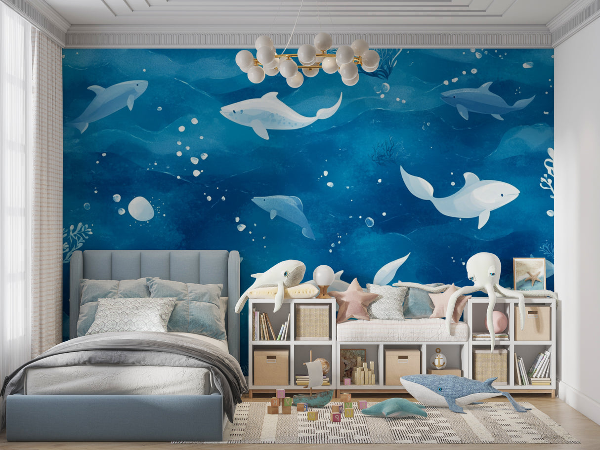 Ocean Mural Wallpaper adding depth to this playroom with swimming dolphins
