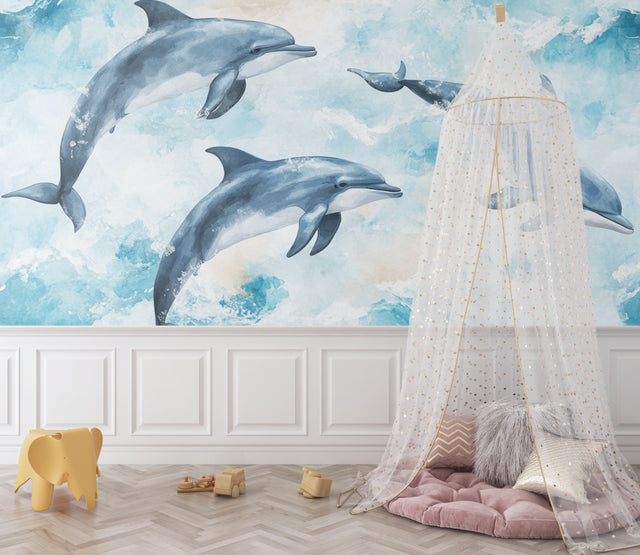 Marine animals wallpaper creating a dreamy atmosphere in a modern kids bedroom with dolphin design