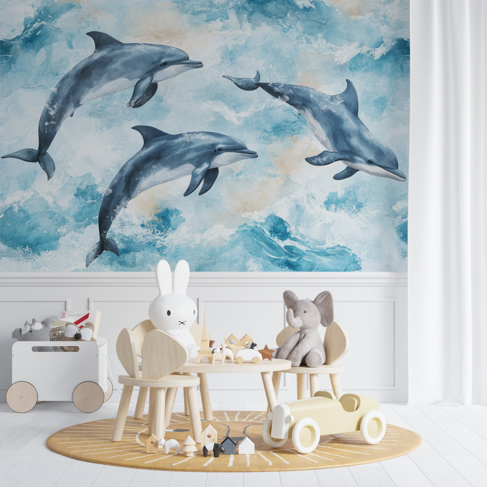 Dolphin wall mural bringing ocean vibes to a cozy reading nook