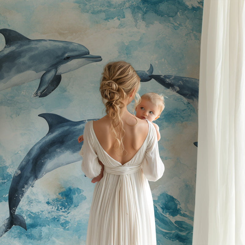 Watercolor dolphin wallpaper transforming a bathroom into an underwater paradise