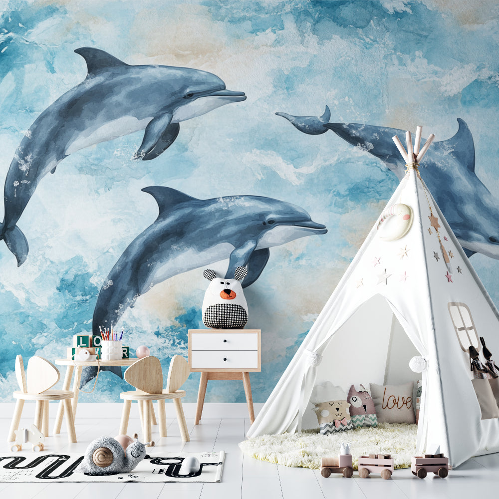 Dolphin wallpaper adding movement and life to a nursery space