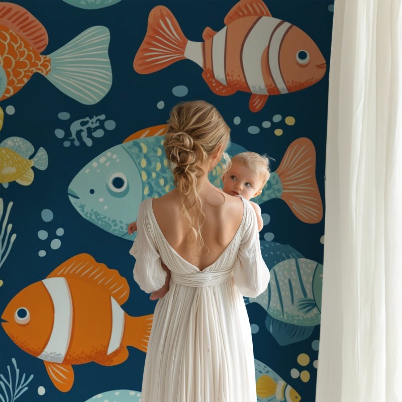 Ocean fish mural creating a playful atmosphere in a coastal-style nursery