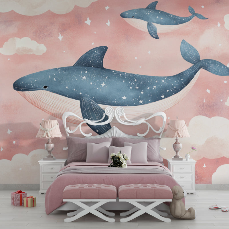 Whale wallpaper mural in a cozy nursery with rocking chair and soft lighting