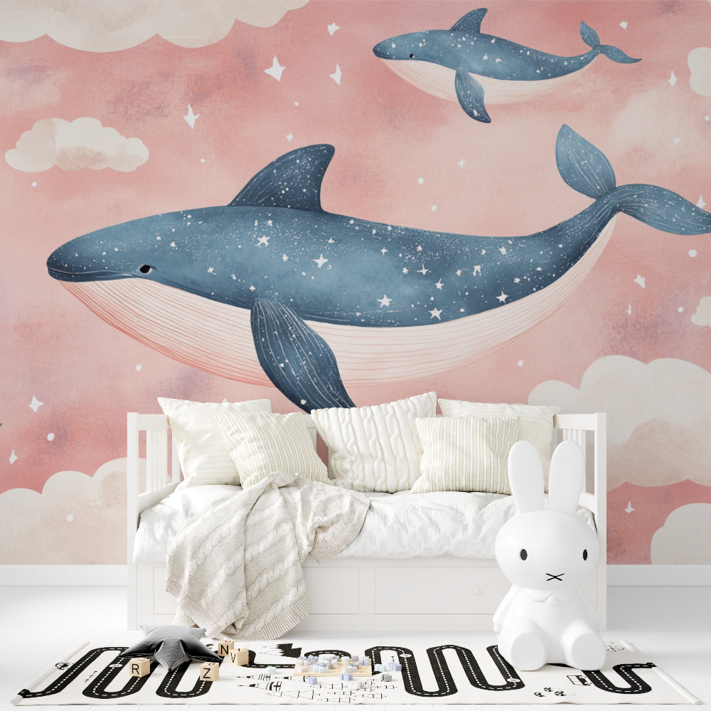 Marine animal wallpaper creating magic in a children's reading nook