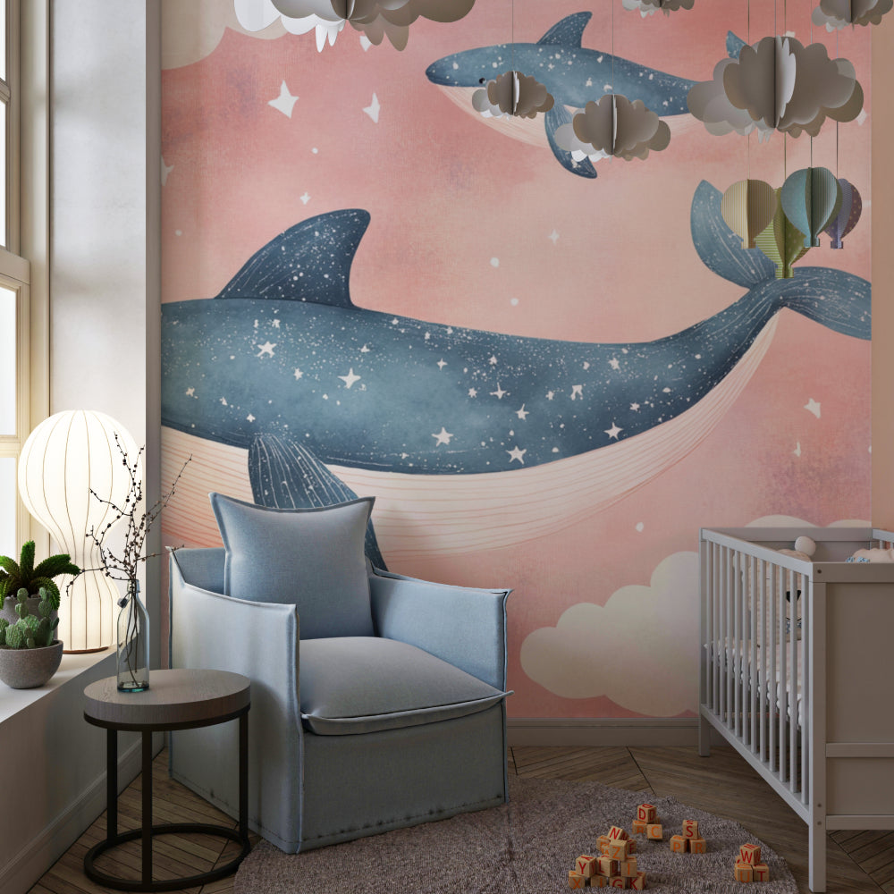 Whale mural wallpaper in modern kids bedroom with white furniture
