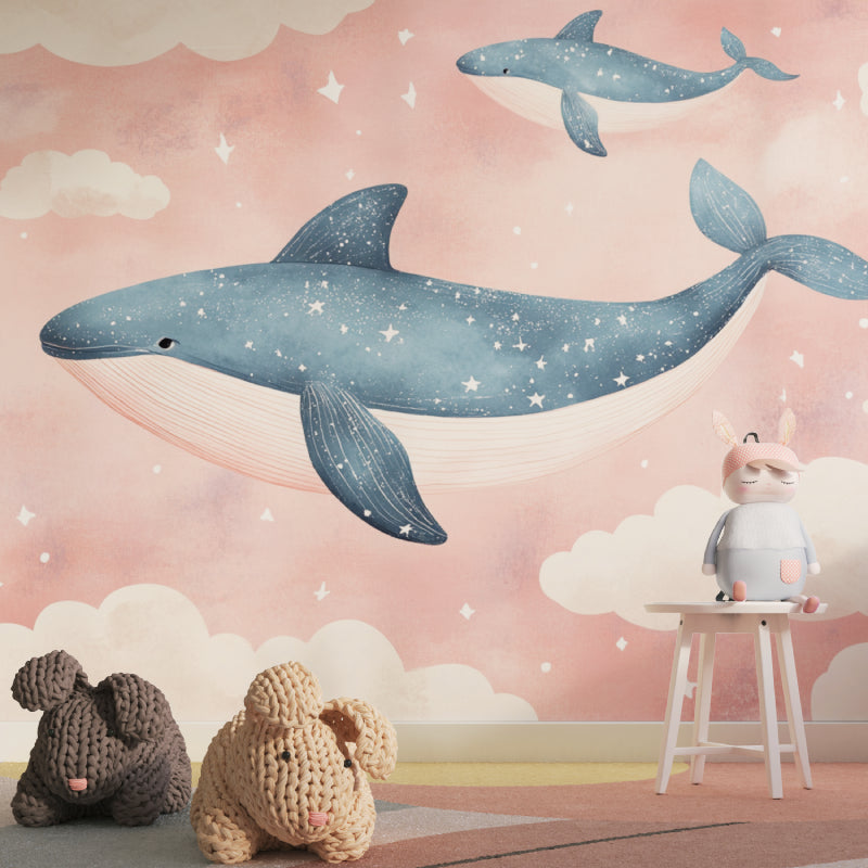 Ocean themed wallpaper in playroom showing scale and full wall impact