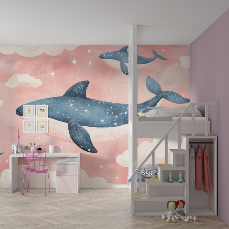 Pink whale wallpaper in baby room with minimal decor
