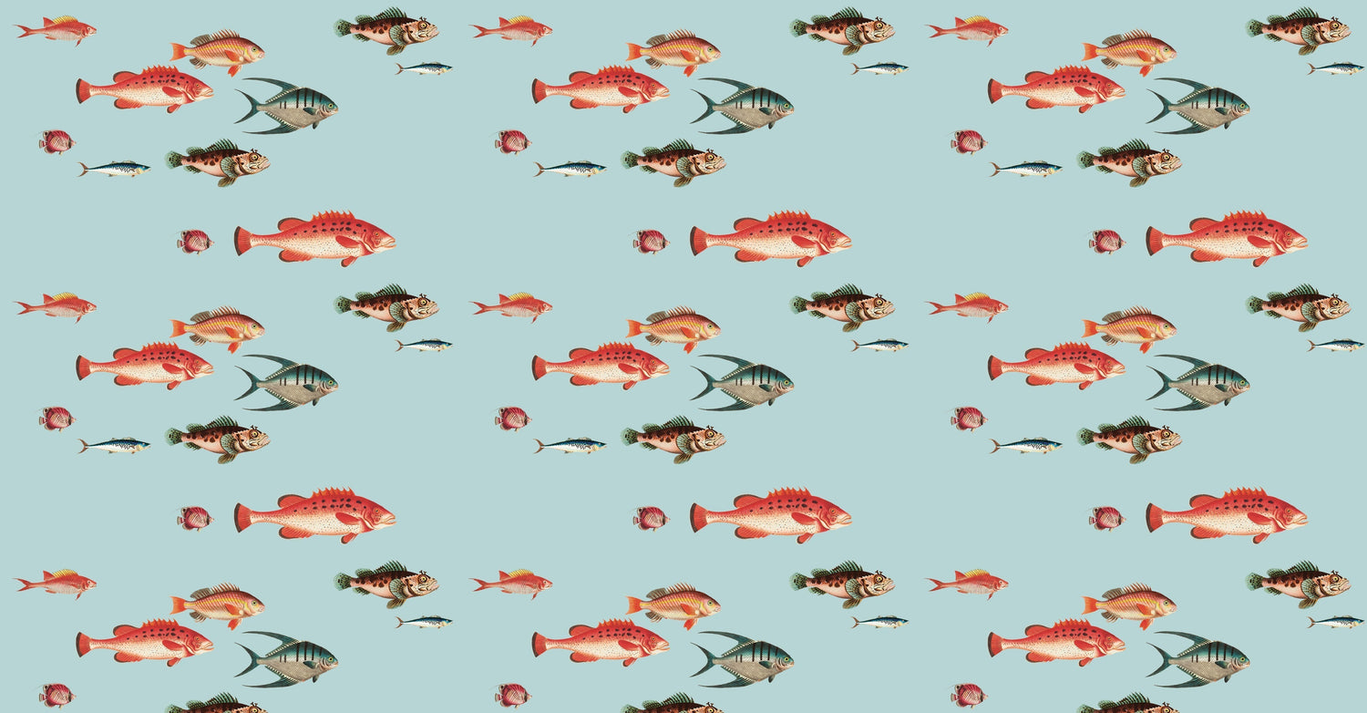 Tropical fish pattern design file showing detailed marine life illustrations on aqua background