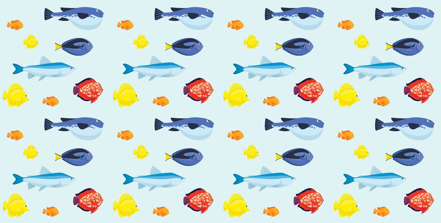 Tropical fish pattern design file showing detailed marine animals on light blue background