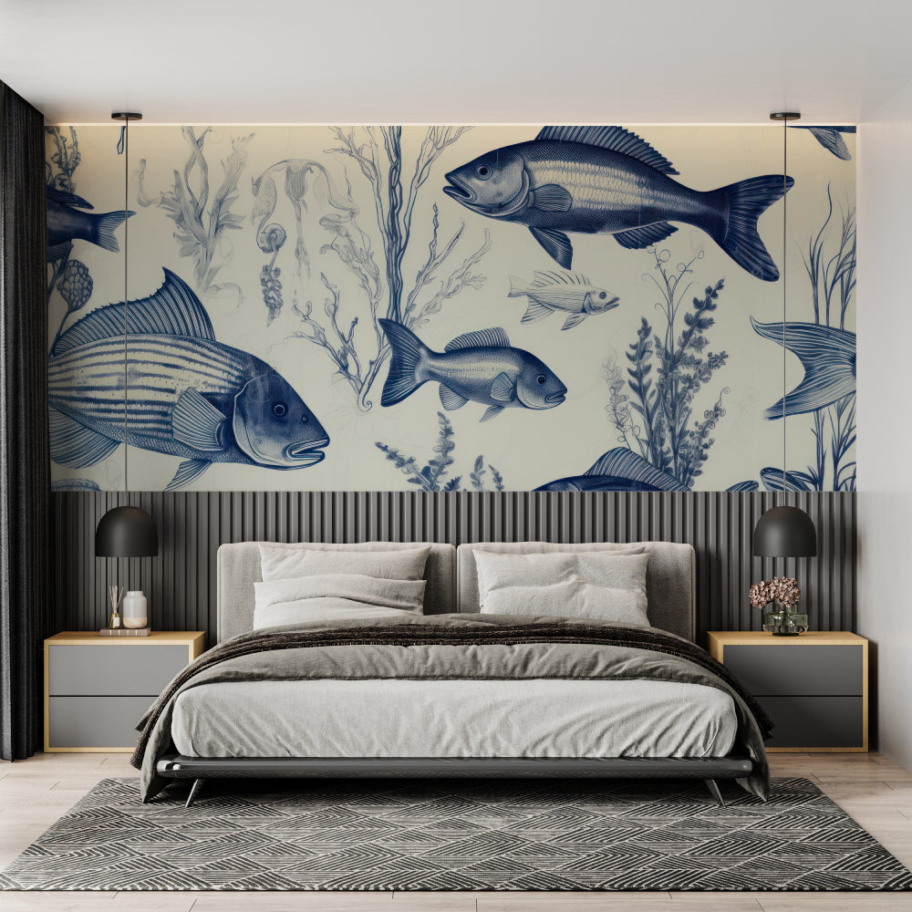 Marine life wallpaper bringing ocean charm to a modern living room with blue and cream tones