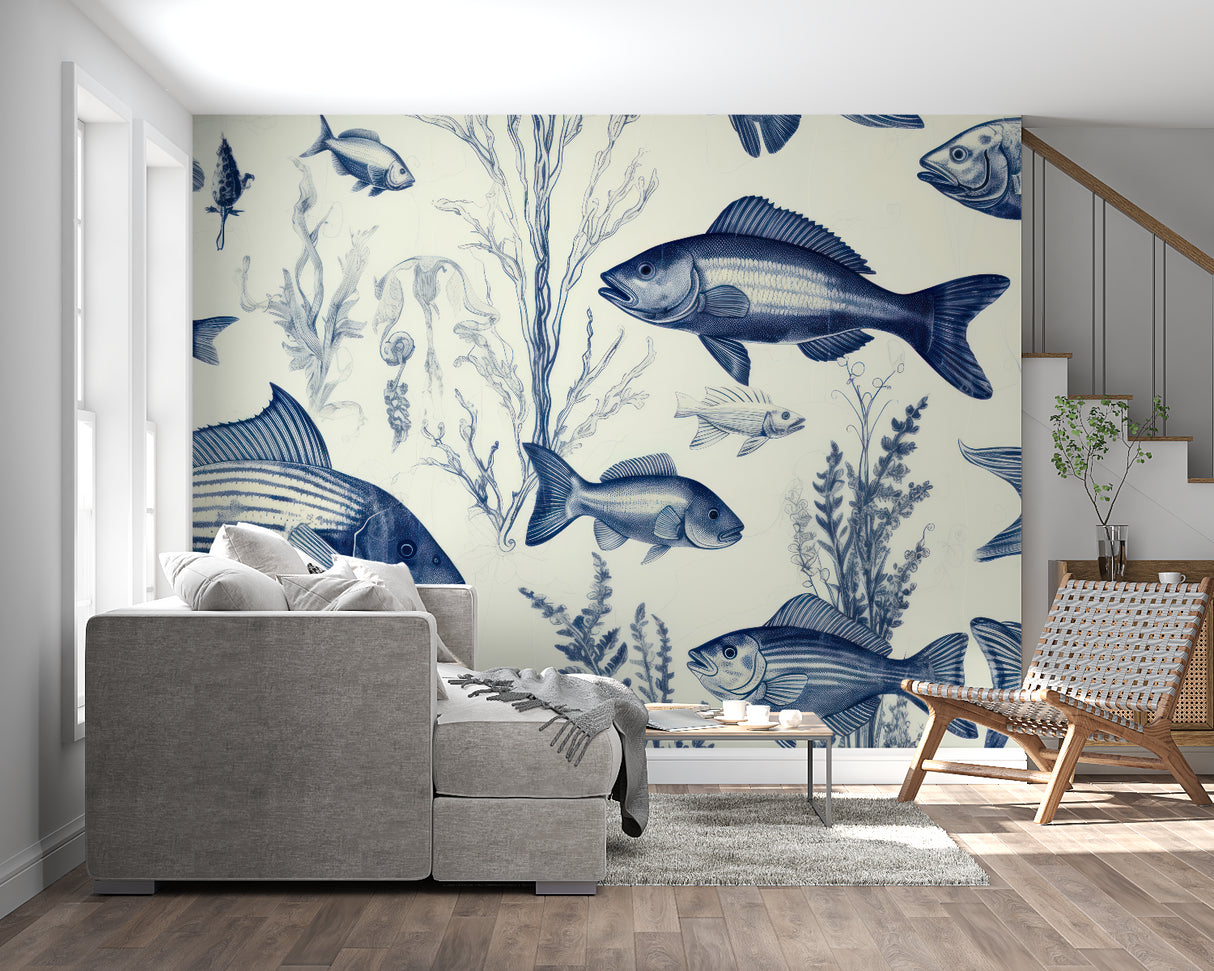 Nautical fish wallpaper creating a calm atmosphere in a coastal-style bedroom