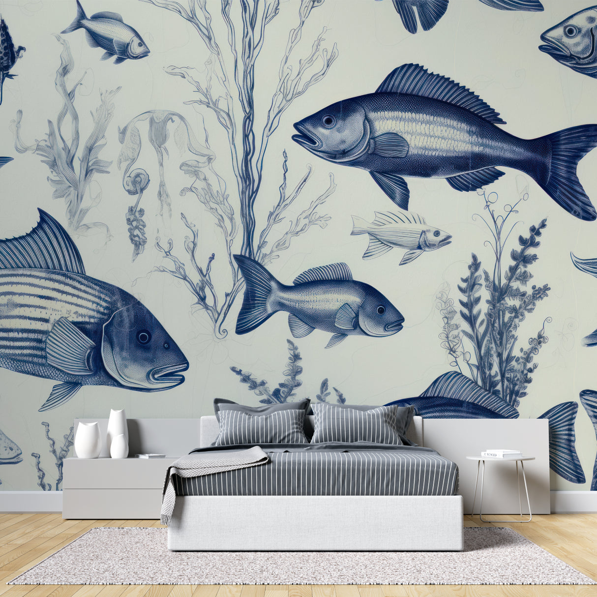 Marine pattern wallpaper adding depth to a child's study corner