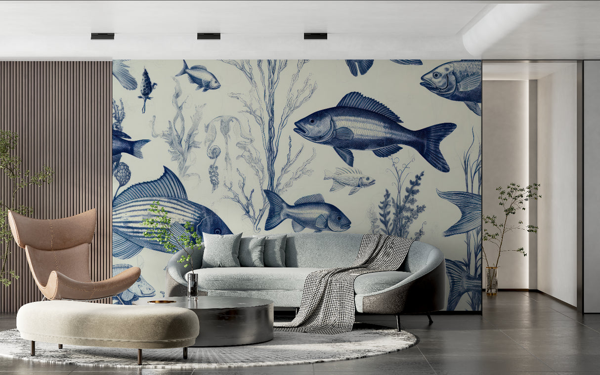 Ocean-themed wall mural transforming a bathroom into an underwater scene