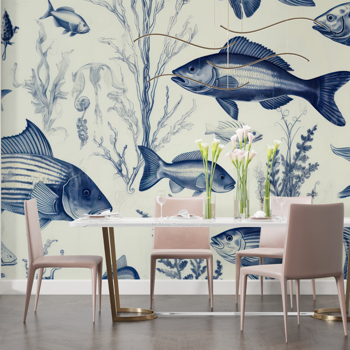 Vintage fish wallpaper making a statement in a navy blue dining room