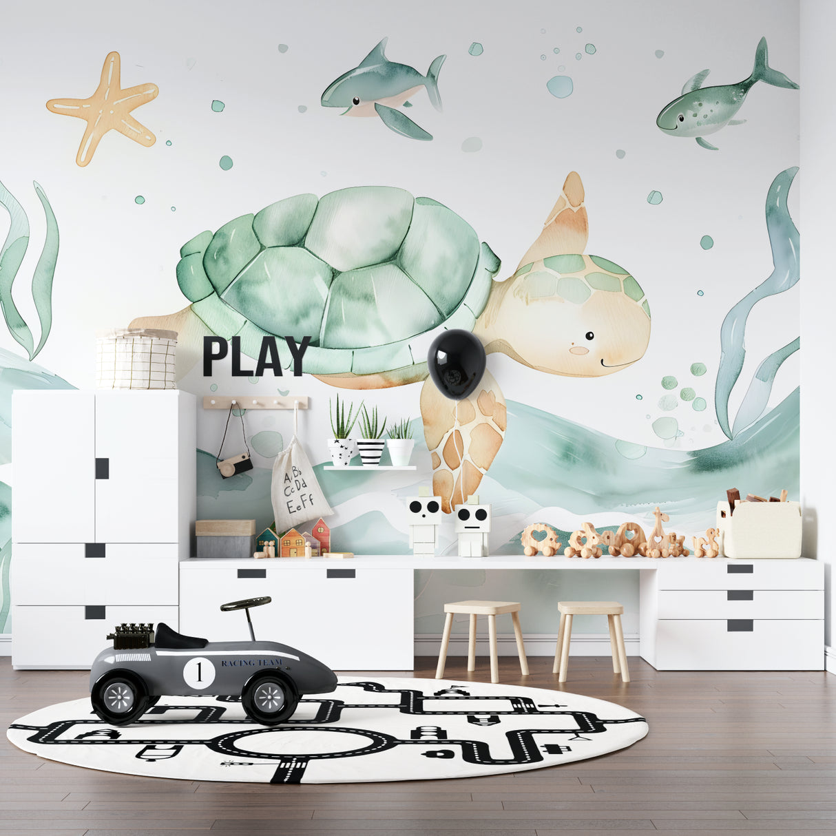 Marine animals wallpaper creating a soothing atmosphere in a modern nursery with mint green accents