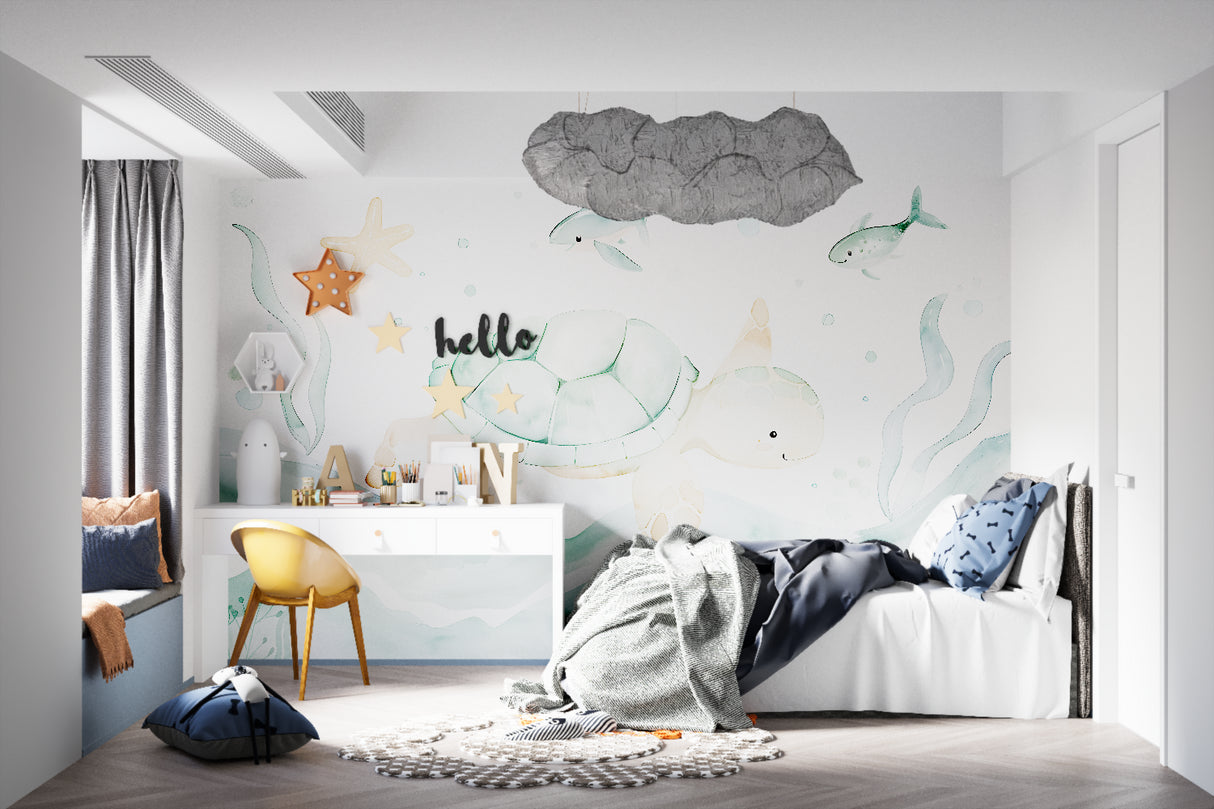 Ocean wall mural featuring sea turtles brightening up a coastal-style kids bedroom