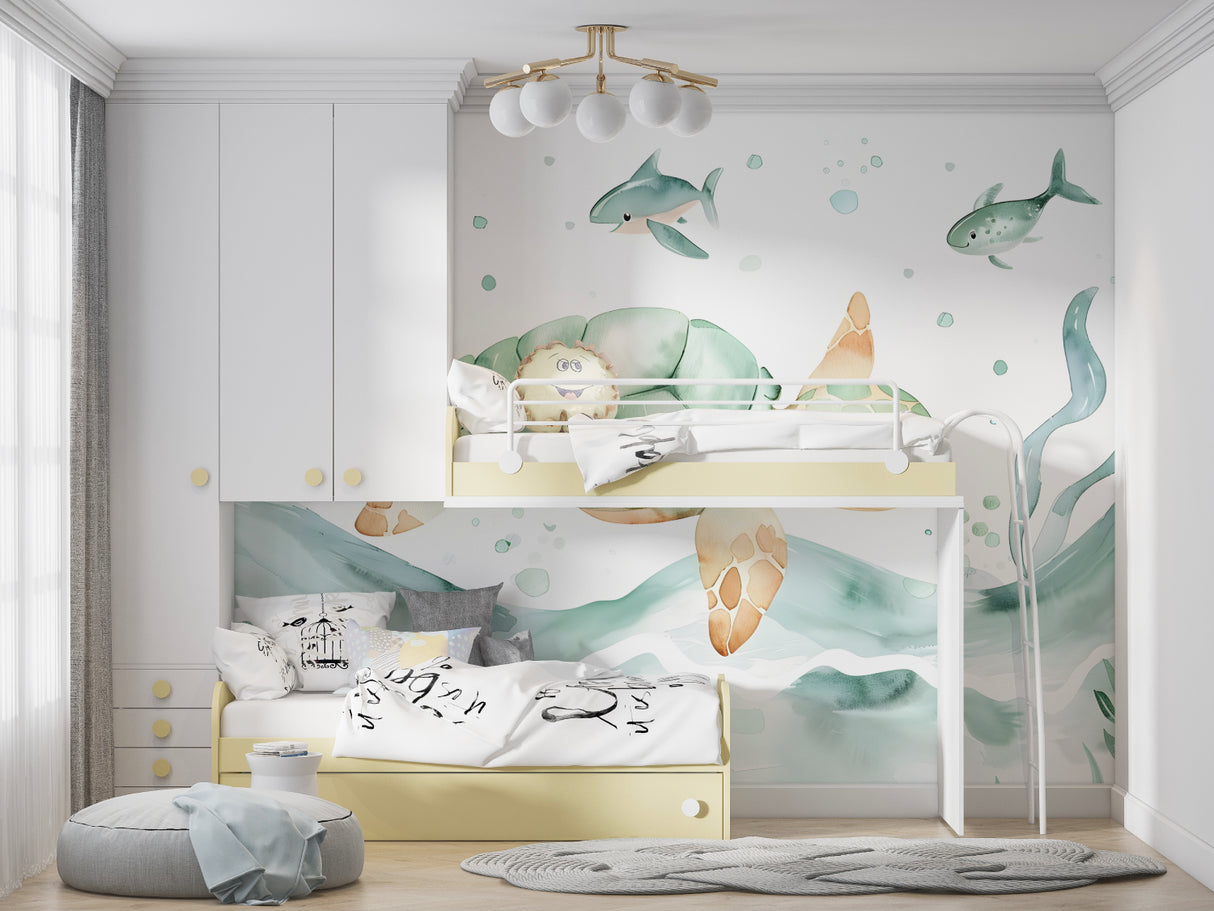 Watercolor sea life wallpaper bringing underwater charm to a peaceful bathroom setting