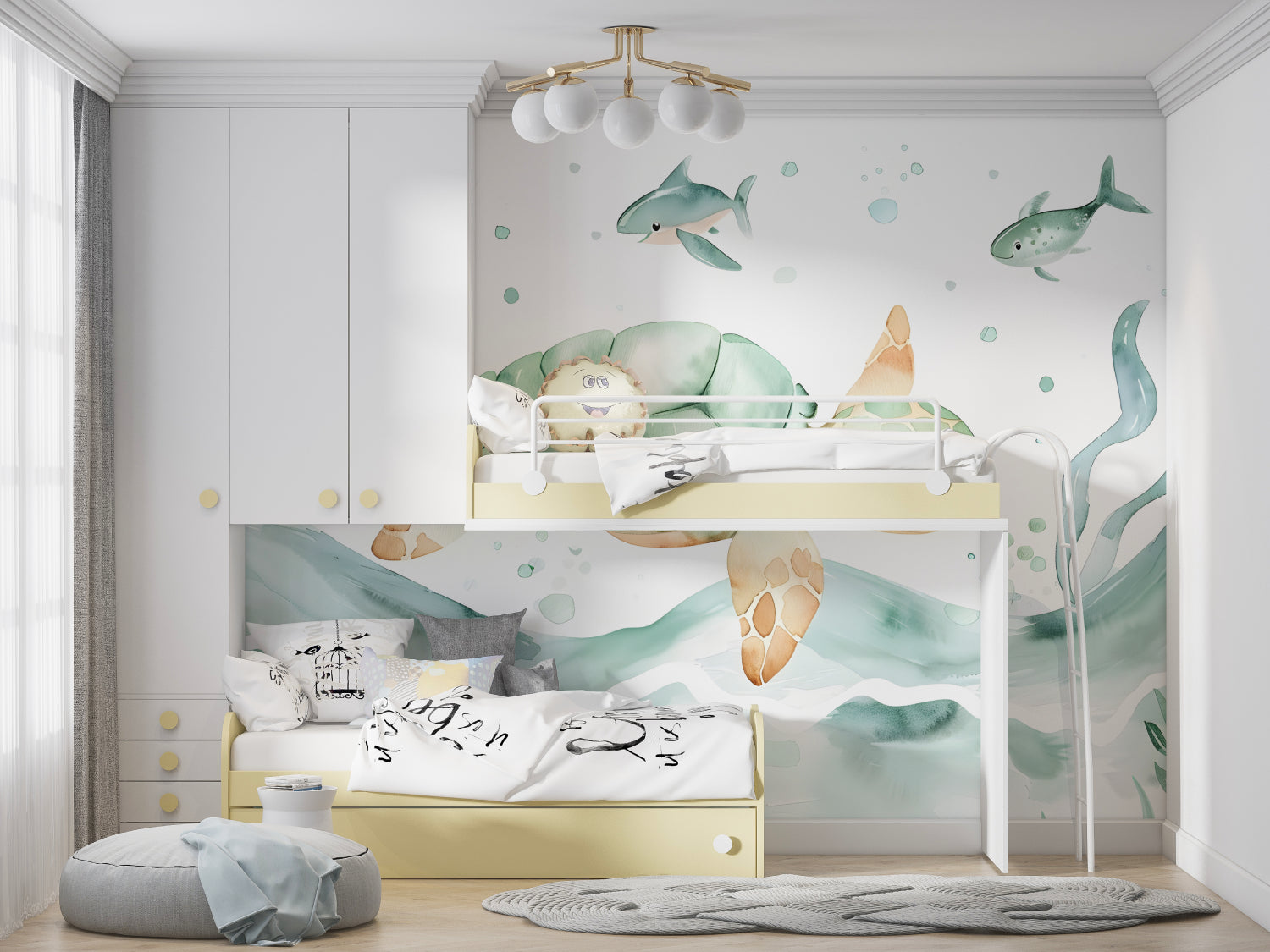 Watercolor sea life wallpaper bringing underwater charm to a peaceful bathroom setting