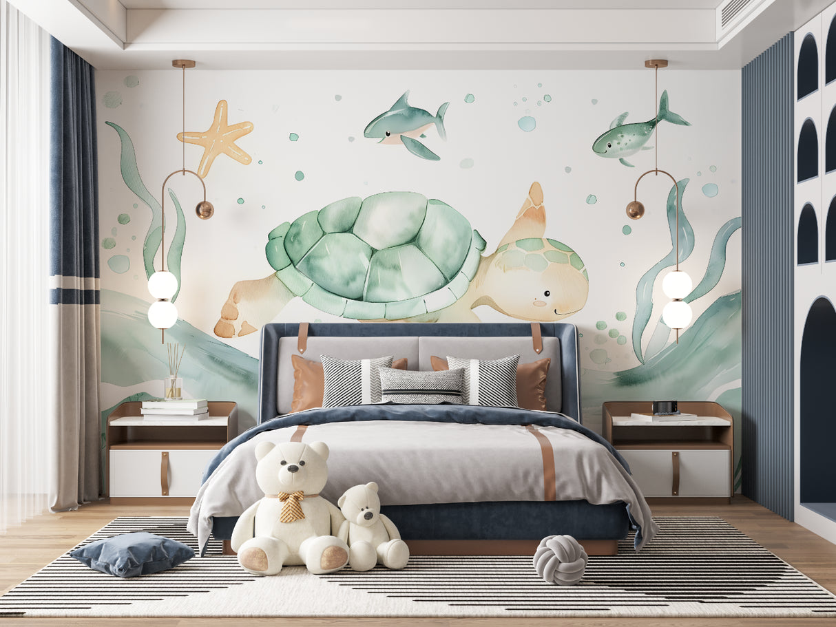 Marine life wall mural showcasing playful turtles in a bright playroom environment