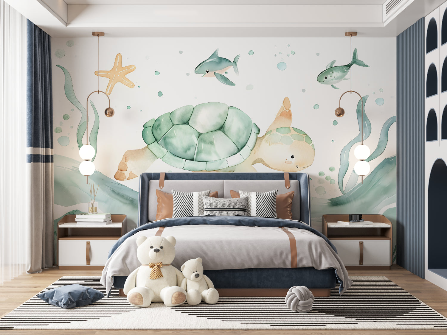 Marine life wall mural showcasing playful turtles in a bright playroom environment