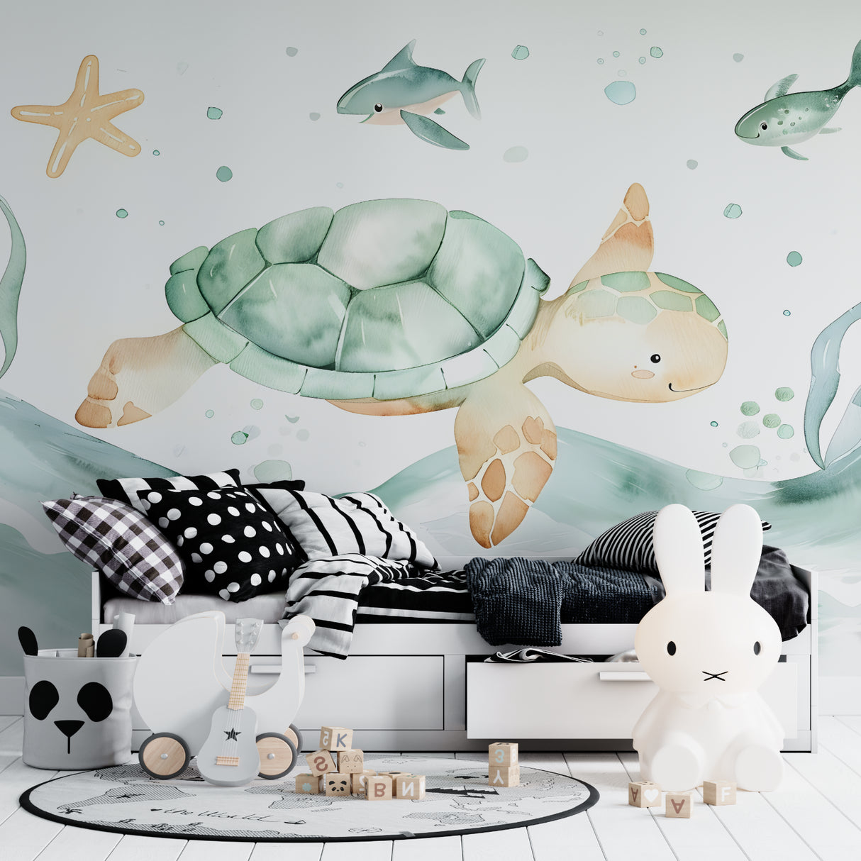 Ocean themed wallpaper transforming a reading nook into an underwater sanctuary