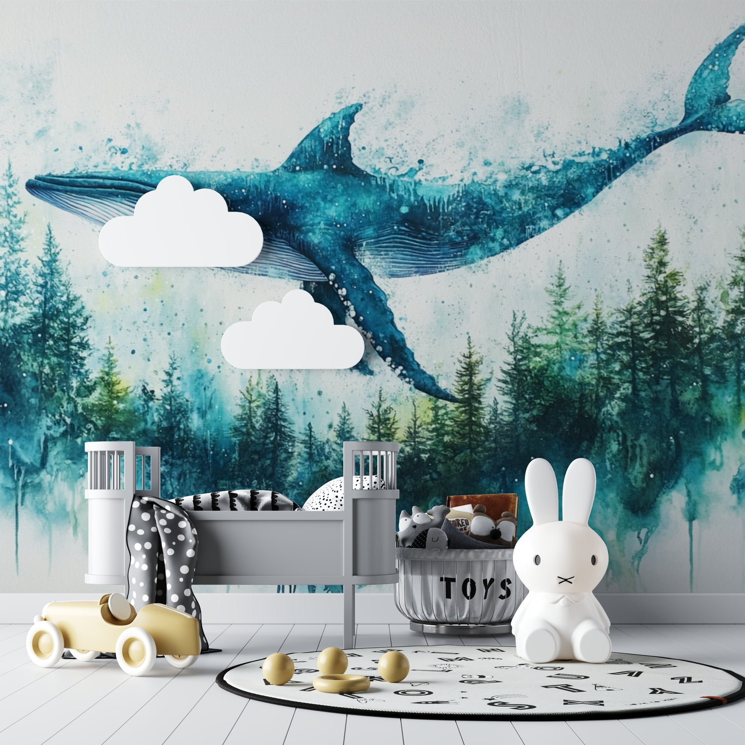 Ocean theme wallpaper transforming a home office with ethereal whale and forest scene