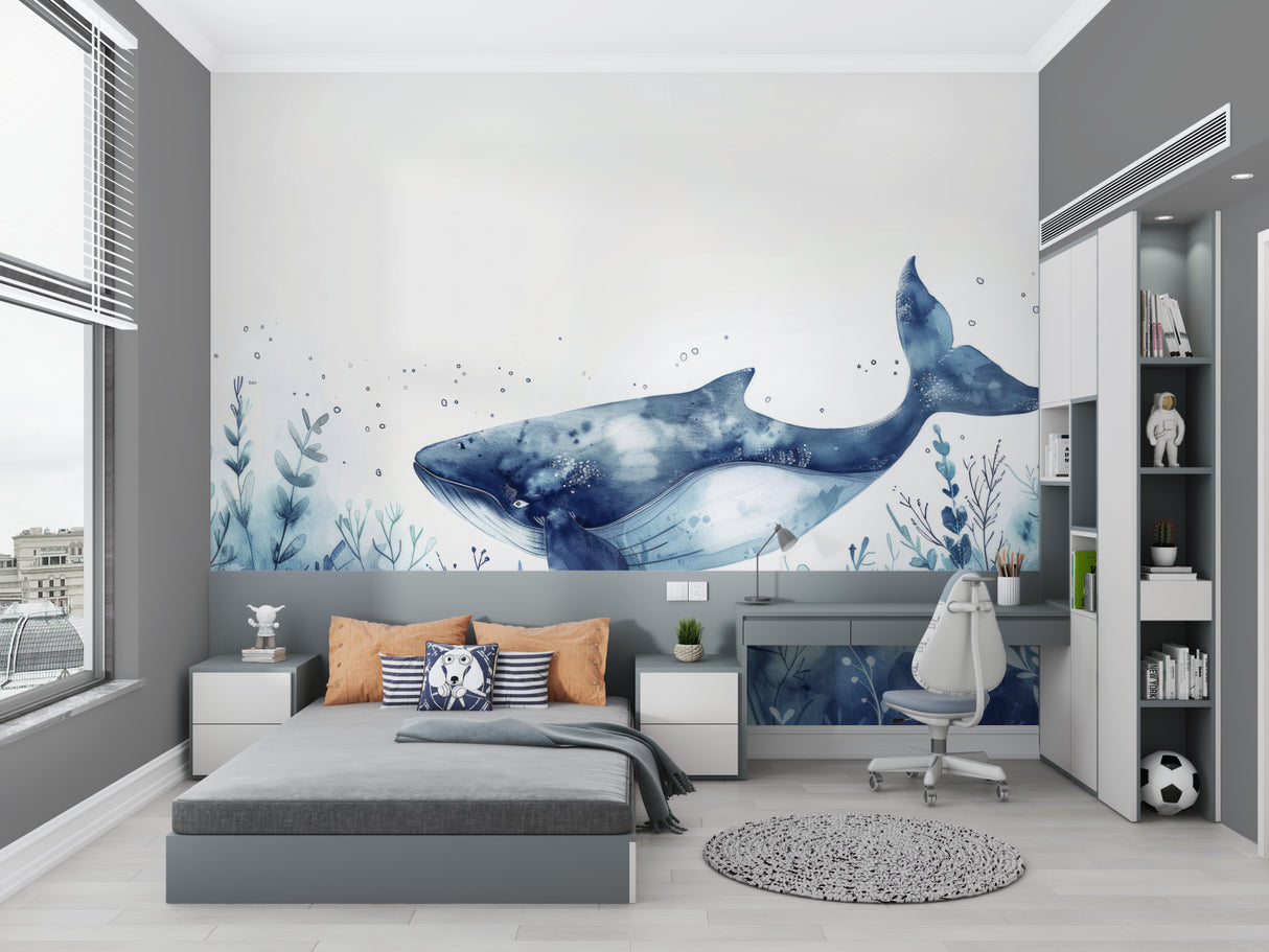 Marine whale wallpaper in modern living room creating serene atmosphere with soft blue watercolor design