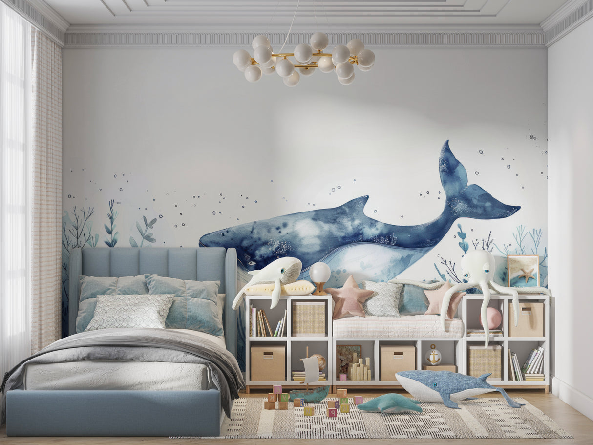 Ocean themed whale mural in bathroom setting showing watercolor effects