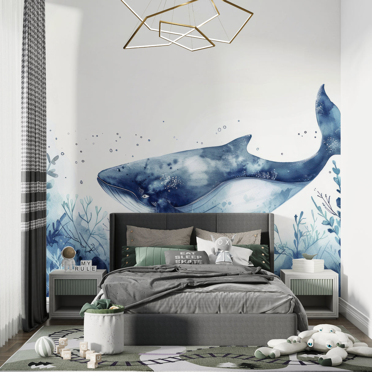 Marine life wallpaper featuring whale in office space creating peaceful environment
