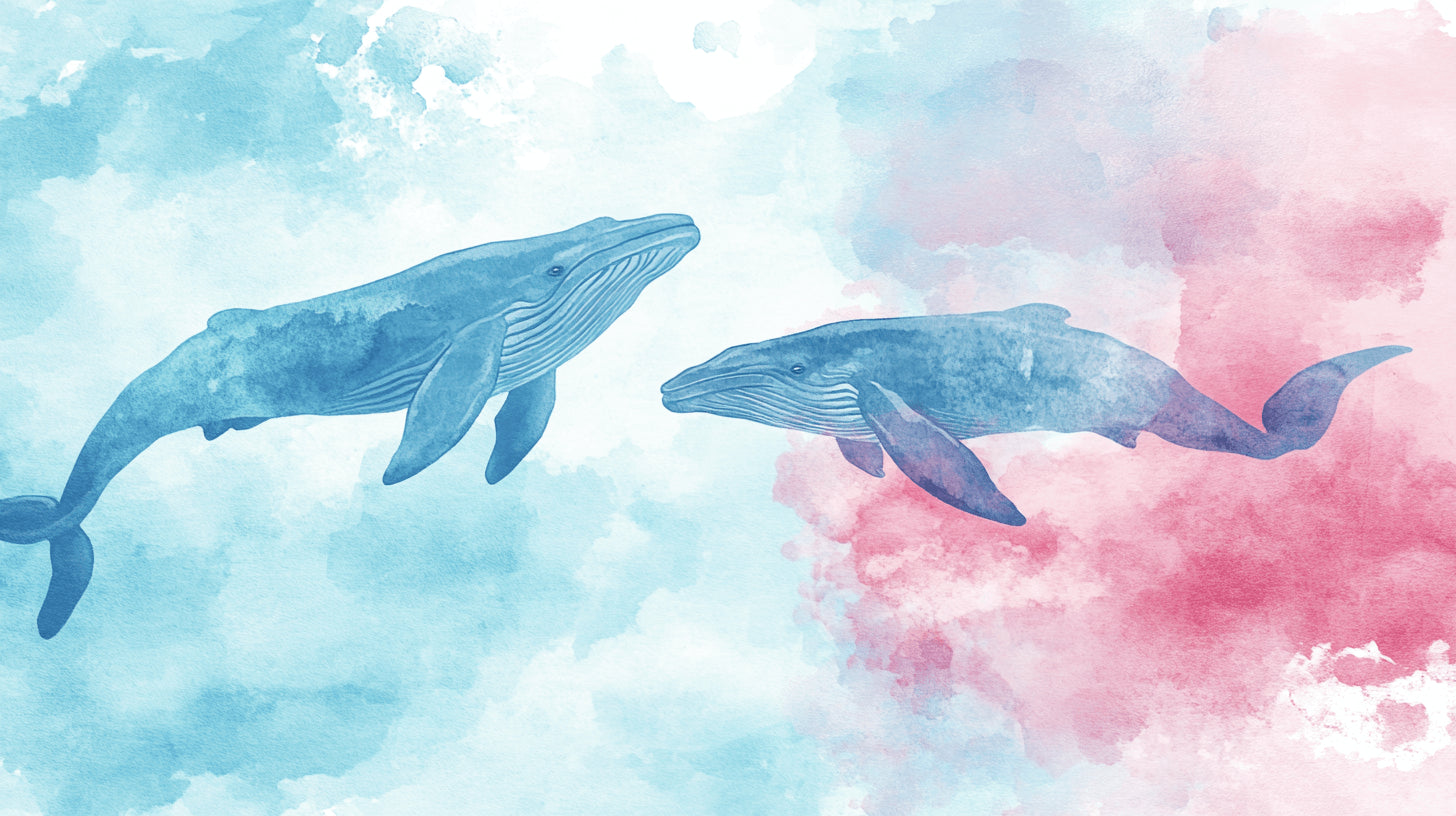 Design file showing detailed watercolor whales swimming through pink and blue pastel clouds