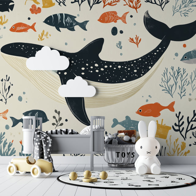 Marine animals wallpaper creating a dreamy underwater scene in a modern nursery with soft beige walls