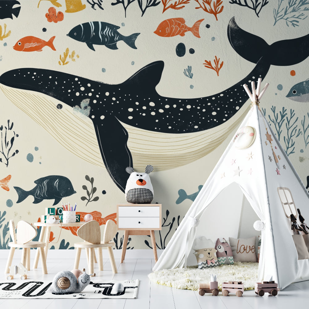 Whale wallpaper mural showcased in a coastal-style living room with natural light