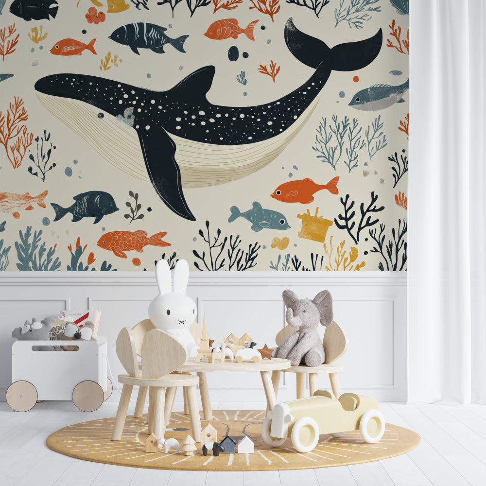 Underwater theme mural brightening up a playroom with whales and colorful fish