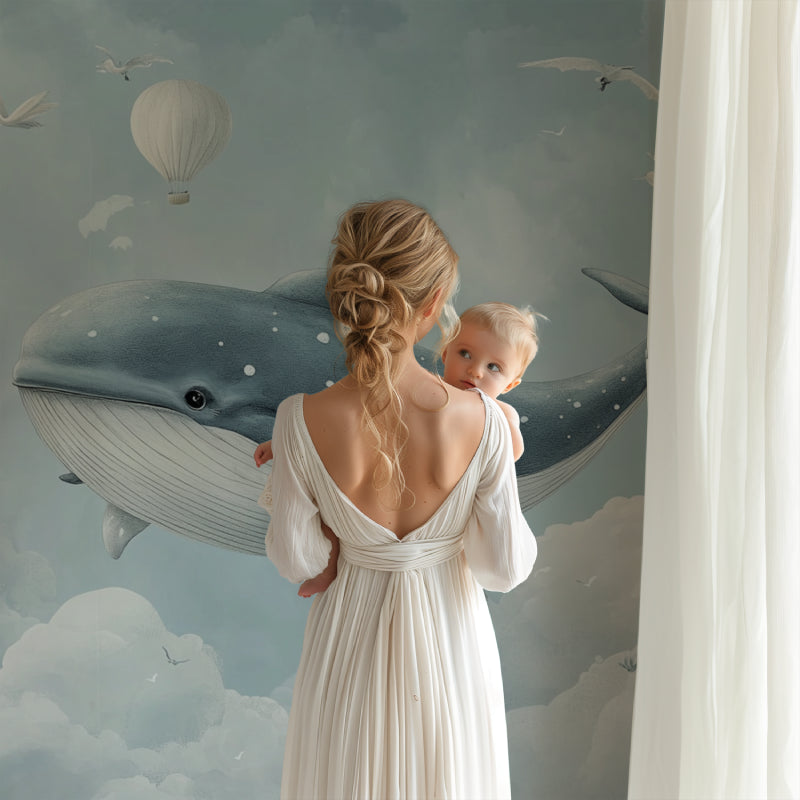 Marine animals wallpaper in modern nursery with white furniture and soft lighting