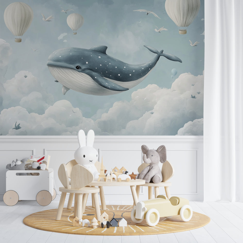 Whale and hot air balloon wallpaper in modern coastal style bedroom
