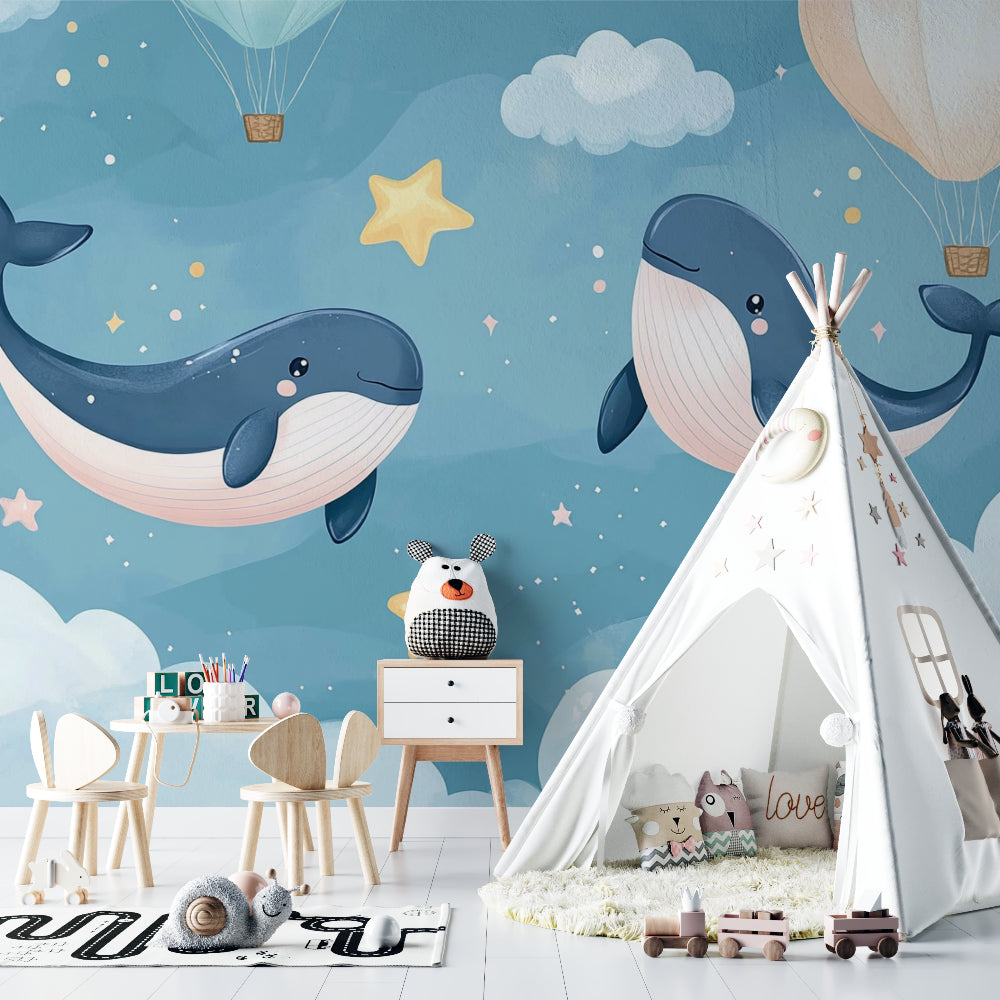 Whale nursery wallpaper in a playroom with reading nook