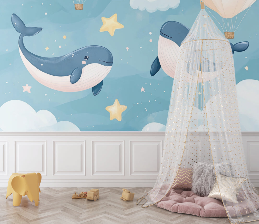 Marine themed wallpaper in a coastal style children's bedroom