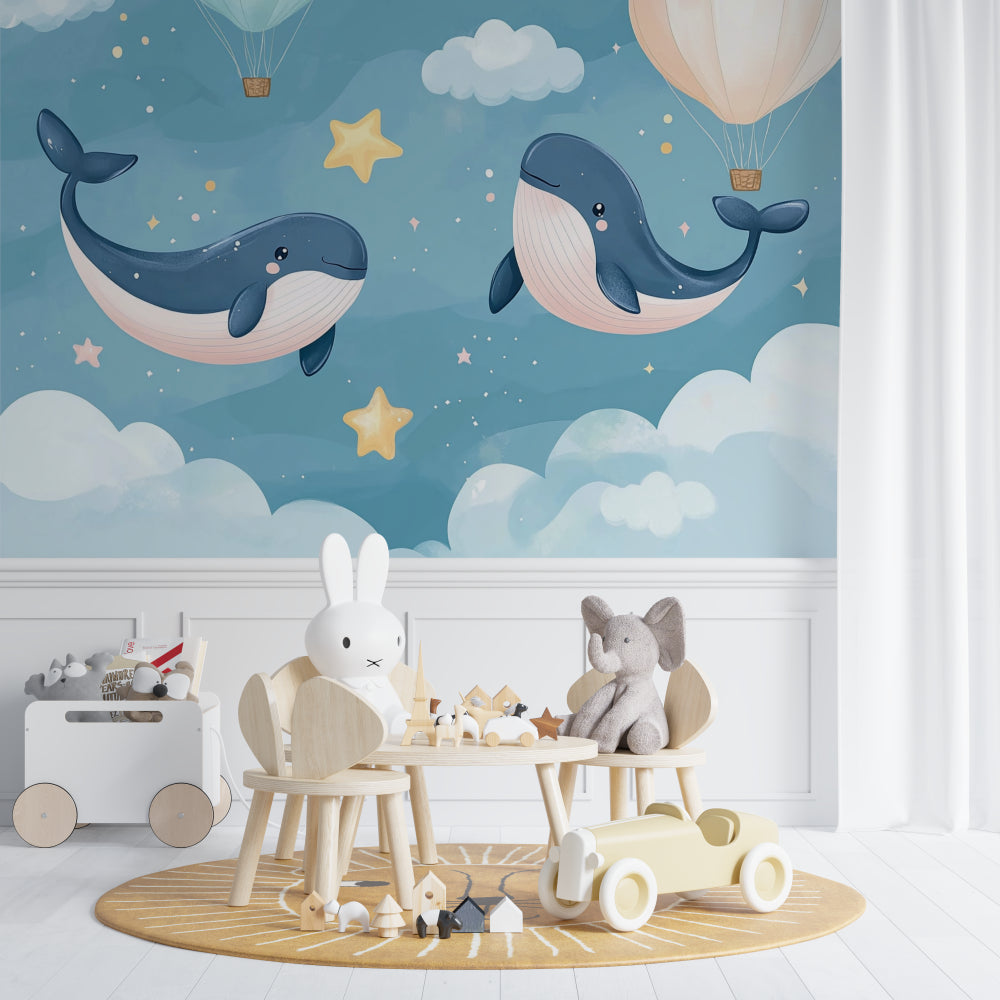 Whimsical whale wallpaper in a modern kid's bedroom with floating shelves
