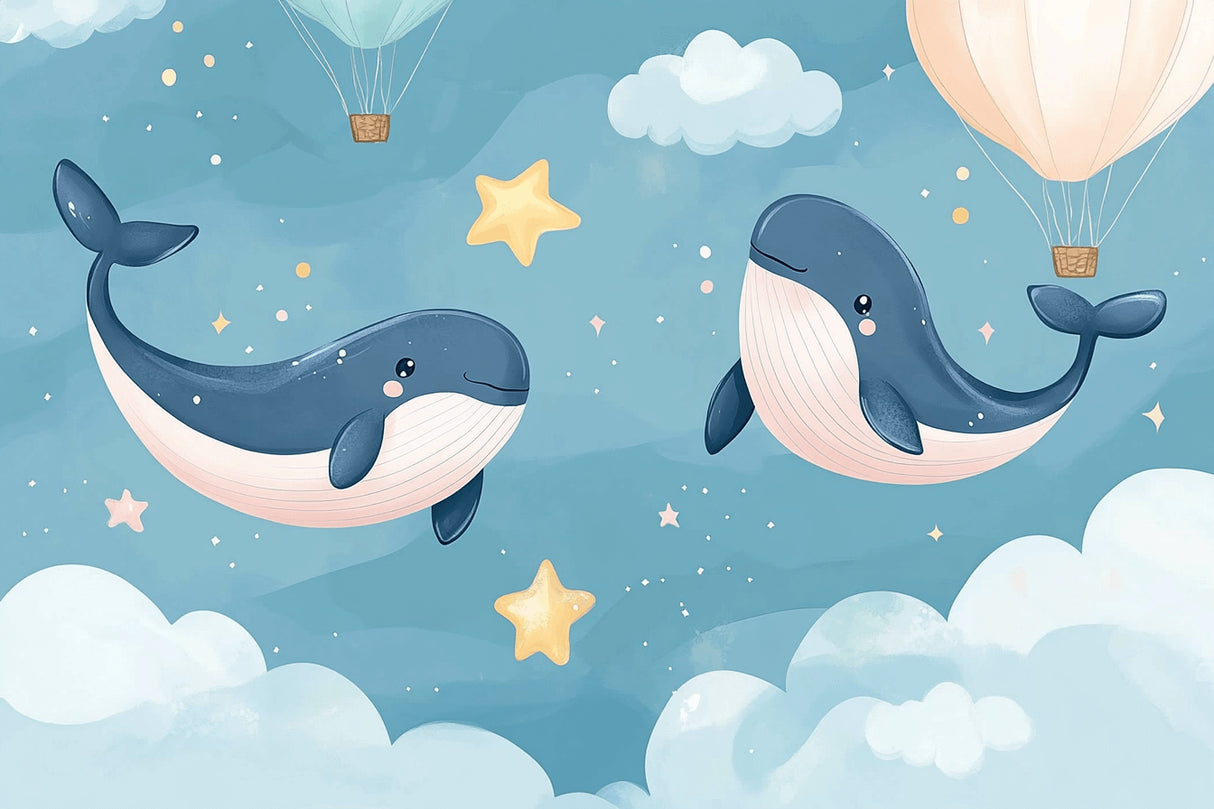 Marine animals wallpaper design file showing whales and hot air balloons pattern