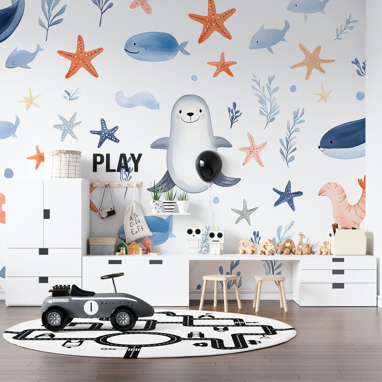 Nautical wallpaper in a playroom showing scale and pattern repeat