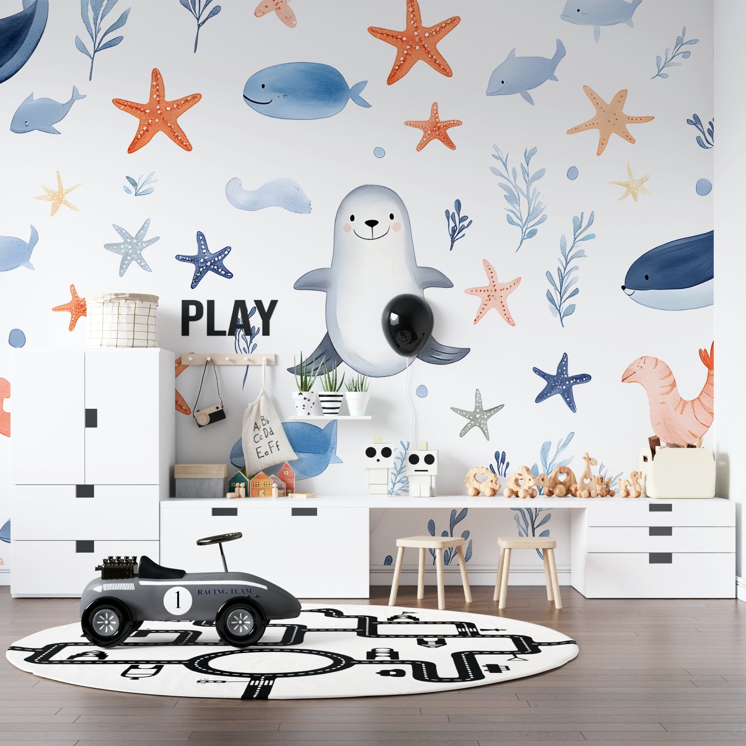 Nautical wallpaper in a playroom showing scale and pattern repeat