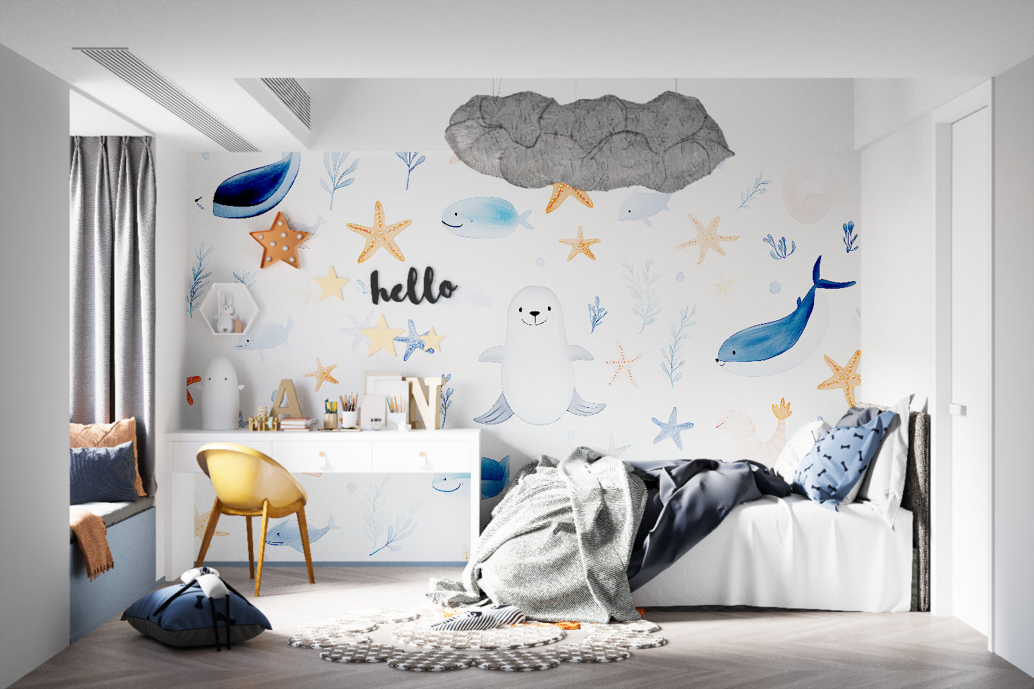 Marine life wallpaper detail in a reading nook with natural lighting