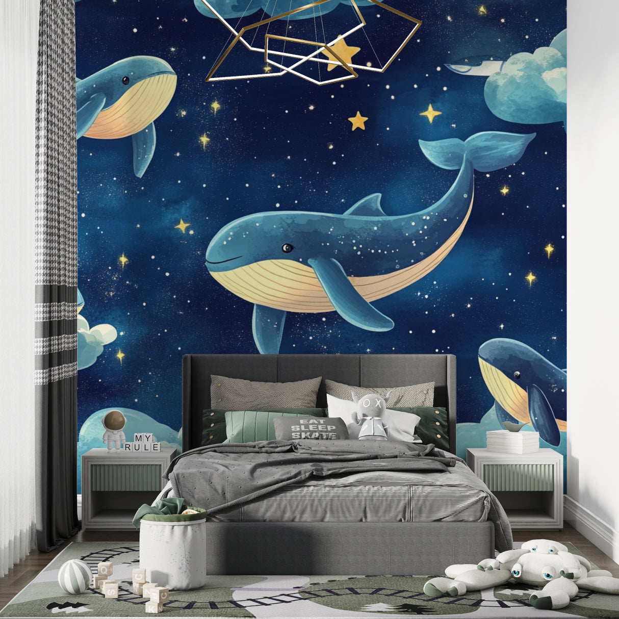 Marine animals wallpaper creating magic in a cozy bedroom, with whales swimming through stars