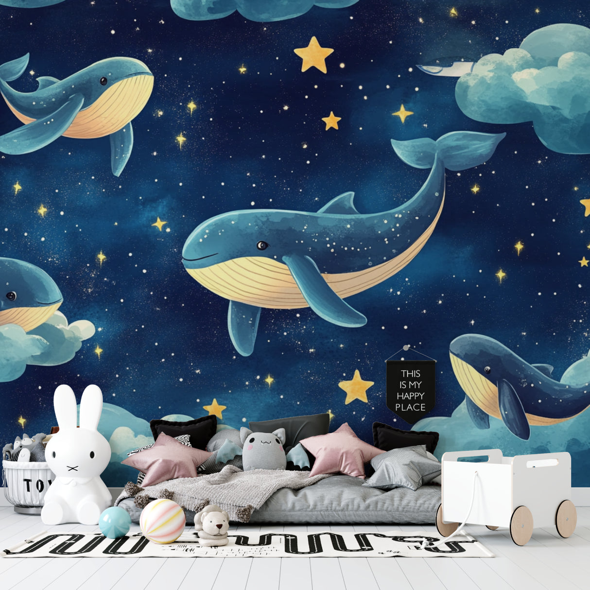 Whale wall mural bringing wonder to a modern nursery space