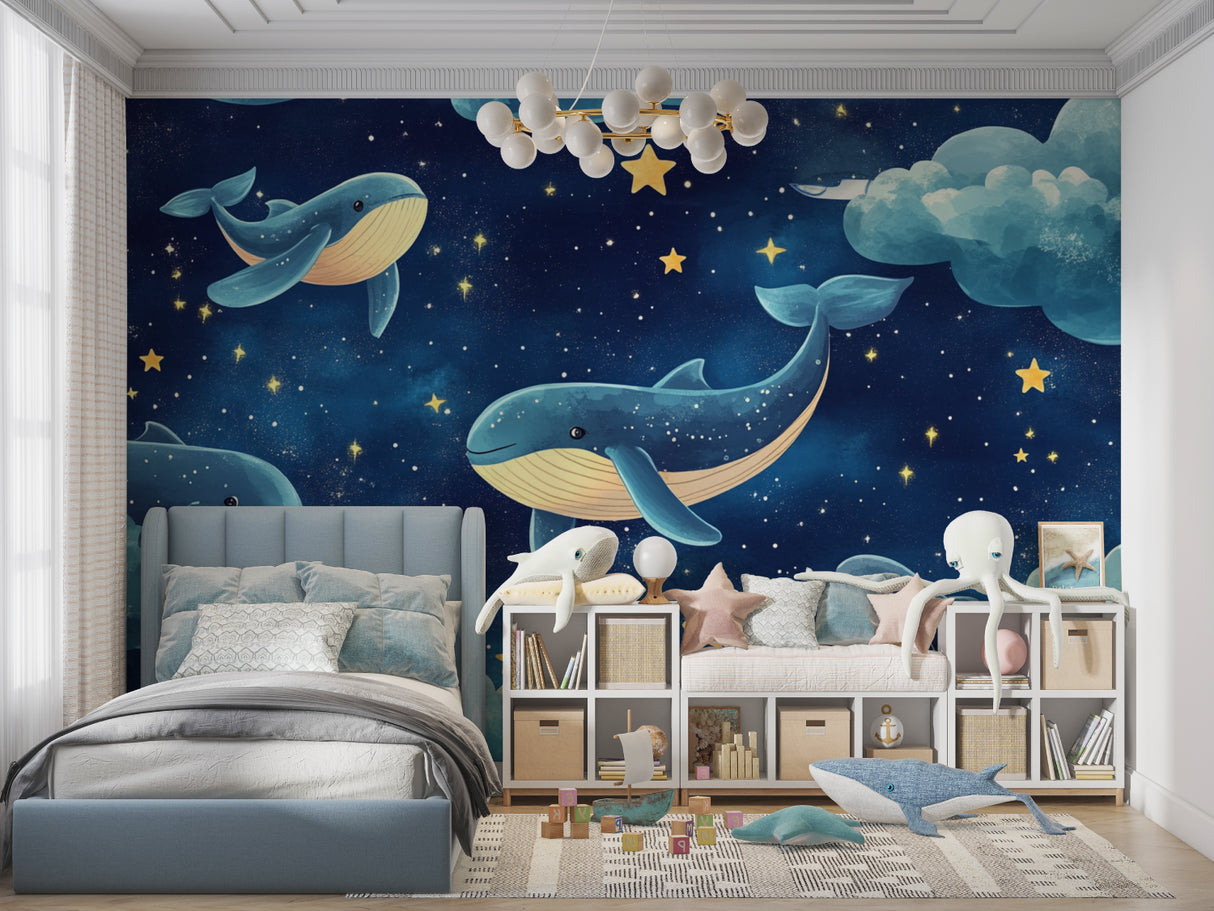Whales and stars wallpaper making a statement in a teen's room