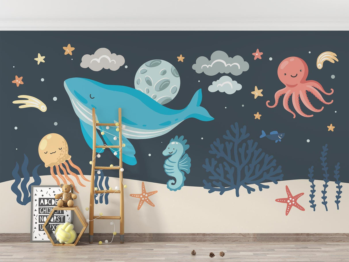 Ocean theme wall mural transforming a kids bedroom with whales and moon scene