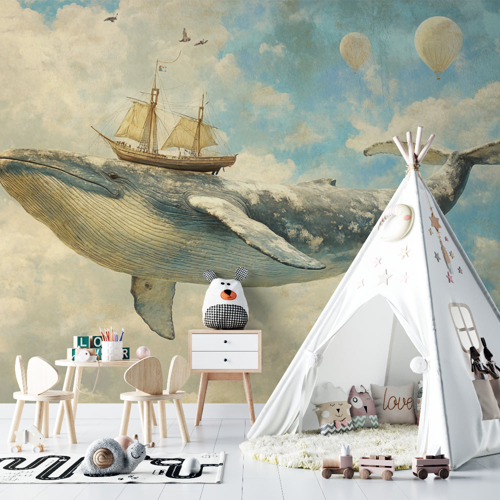Marine animals wallpaper creating a magical atmosphere in a modern nursery with soft blue tones