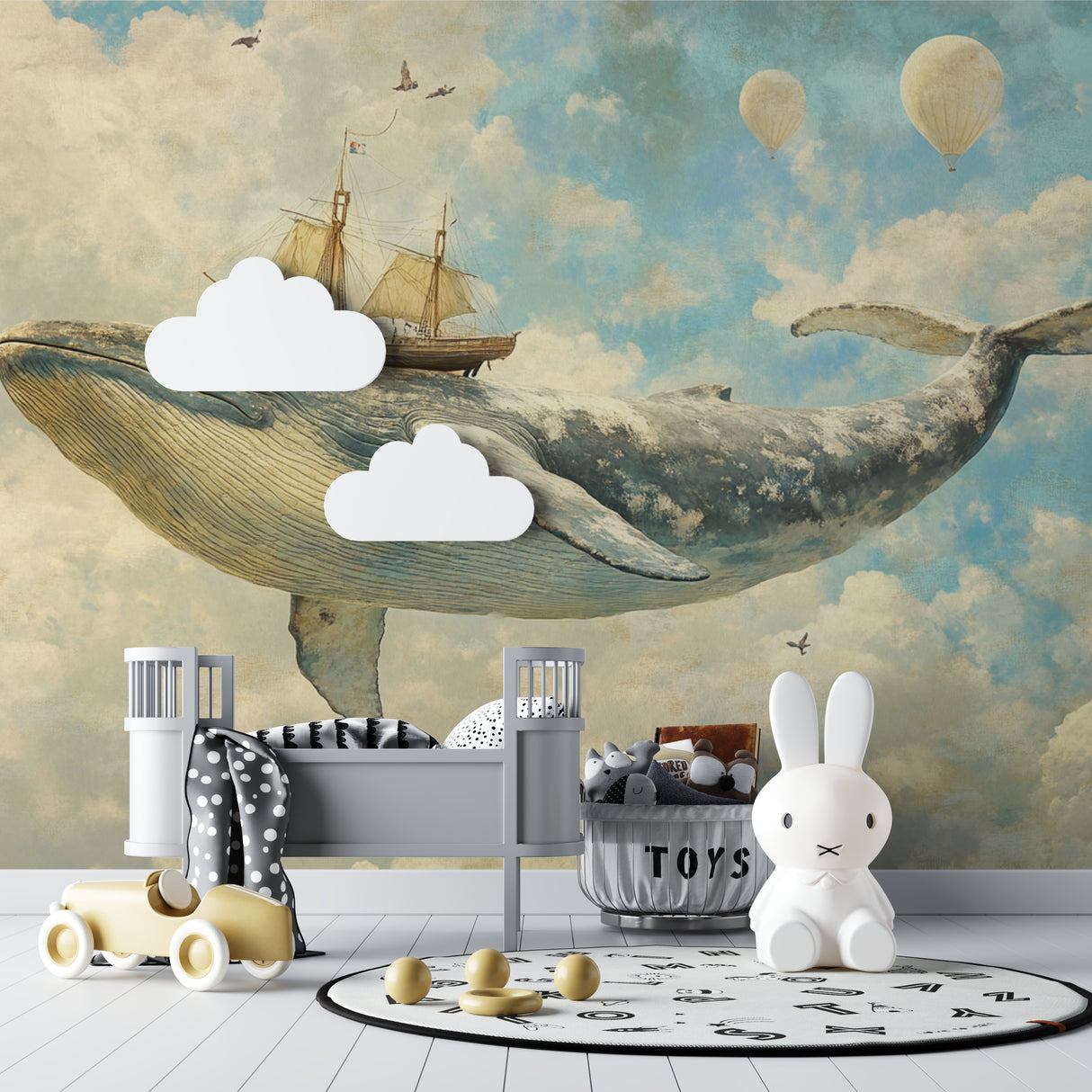 Whale wall mural brightening up a child's bedroom with dreamy ocean scene