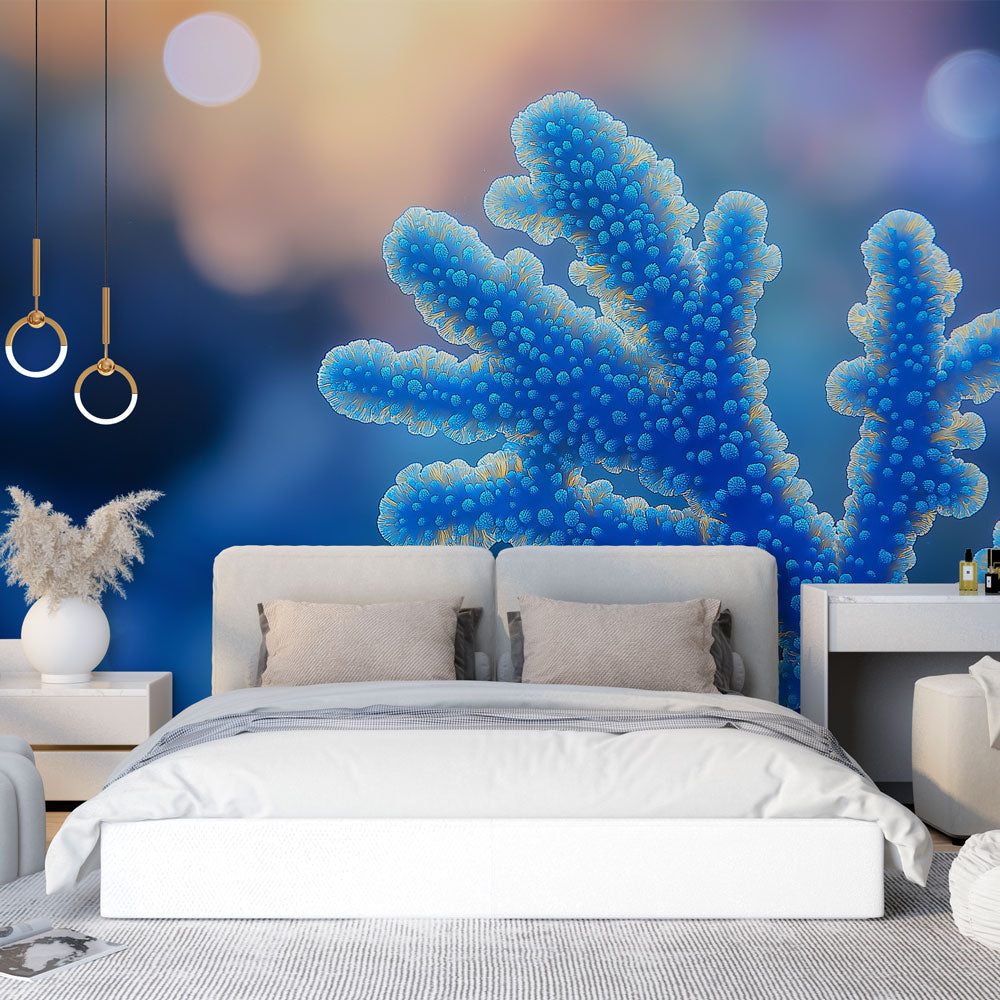 Marine coral mural wallpaper creating a stunning focal point in a modern living room with soft lighting