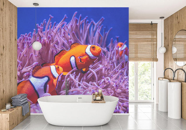 Marine life wallpaper featuring orange clownfish and purple anemone in modern living room setting